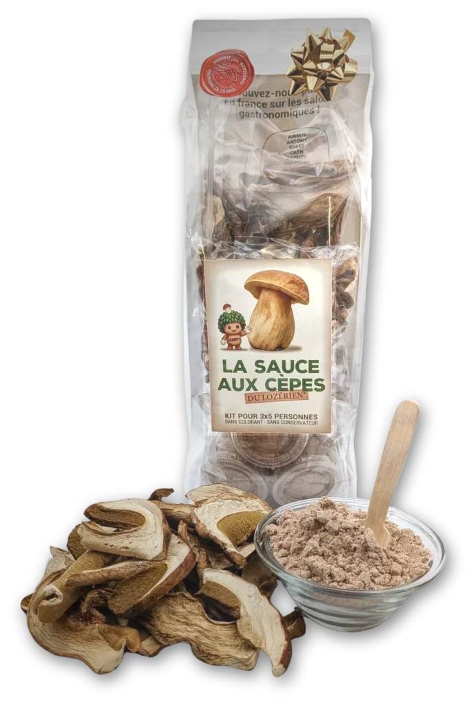 La sauce aux cèpes le Lozerien avec des cèpes séchés et un pot d'épices