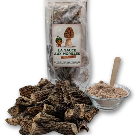 La sauce aux morilles le Lozerien avec des morilles séchées et son pot d'épices