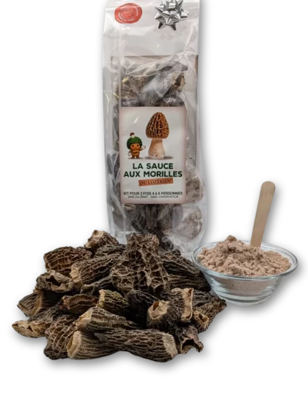 La sauce aux morilles le Lozerien avec des morilles séchées et son pot d'épices