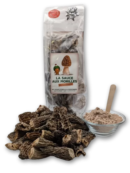 La sauce aux morilles le Lozerien avec des morilles séchées et son pot d'épices
