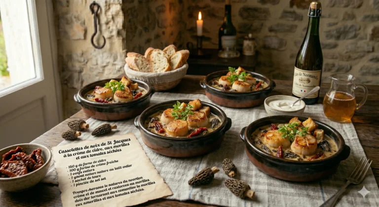 Cassolette de noix Saint Jacques à la crème de cidre et aux morilles et aux tomates séchées. Le lozérien